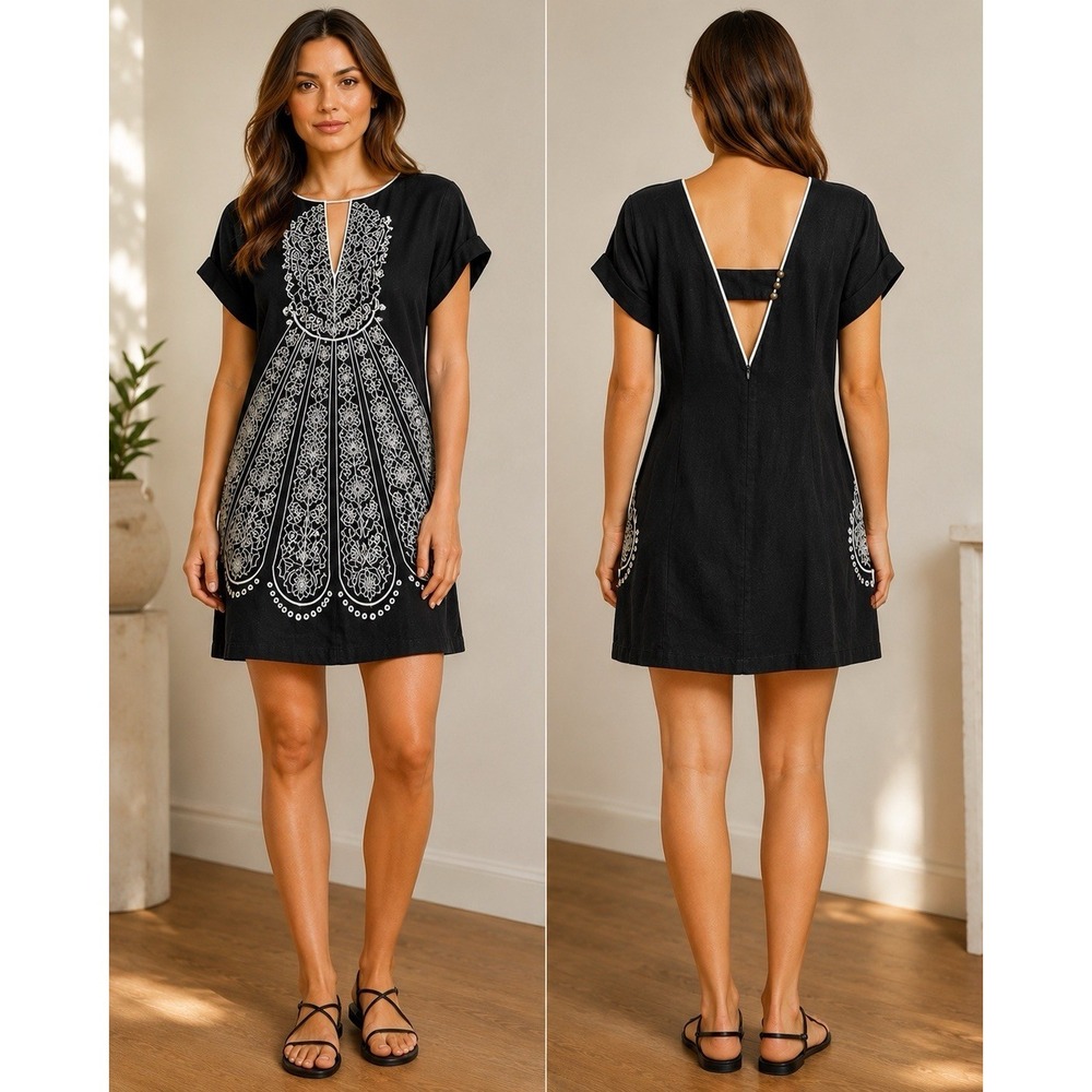 Nanette Lepore Silk Linen Embroidered Boho Tunic Shift Dress Black Resort 12
